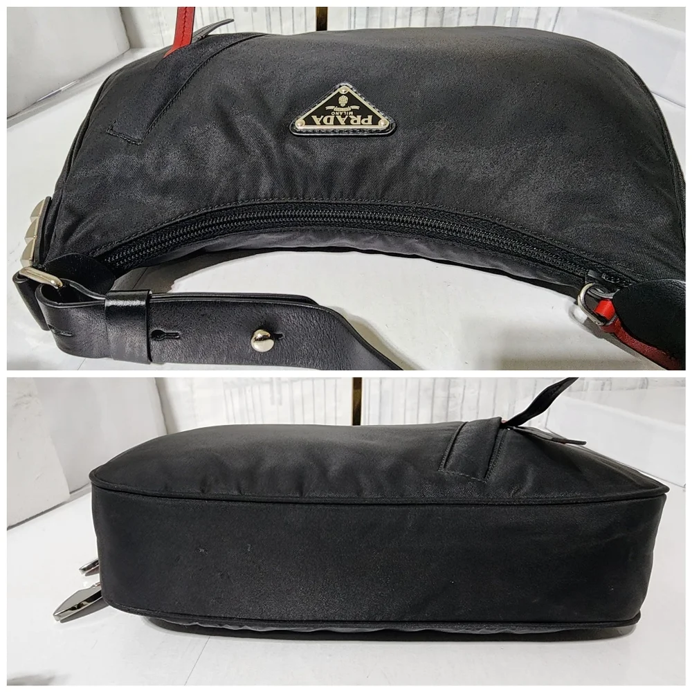 PRADA Tessuto Nylon Studded New Vela Hobo Bag Black